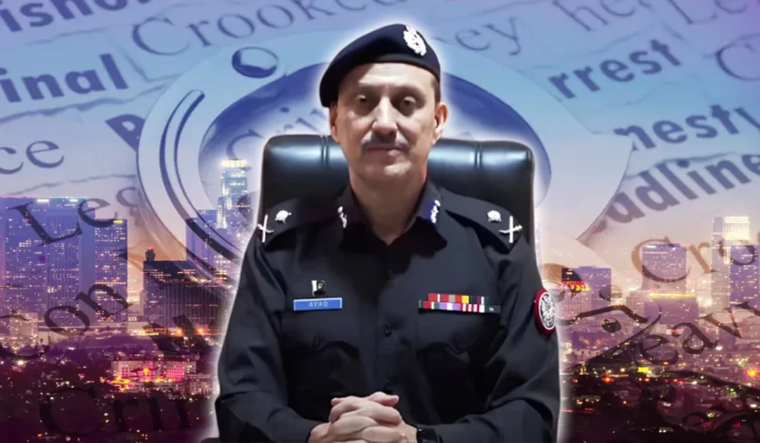 Additional IG Karachi Azad Khan speaking at a podium during a meeting with business leadership