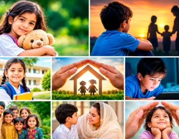 A sleek visual graphic depicting a child silhouette safely enclosed within a protective shield representing child rights and security without text