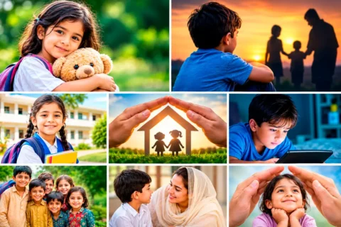 A sleek visual graphic depicting a child silhouette safely enclosed within a protective shield representing child rights and security without text