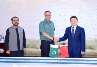 A sleek visual graphic depicting China-Pakistan friendship shield and fumigation fogger equipment without text