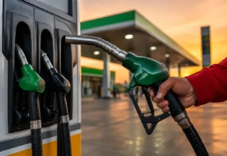 A sleek visual graphic depicting a fuel pump nozzle and a stable price horizontal line representing unchanged fuel rates without text
