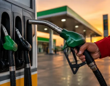 A sleek visual graphic depicting a fuel pump nozzle and a stable price horizontal line representing unchanged fuel rates without text