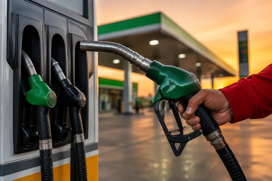 A sleek visual graphic depicting a fuel pump nozzle and a stable price horizontal line representing unchanged fuel rates without text