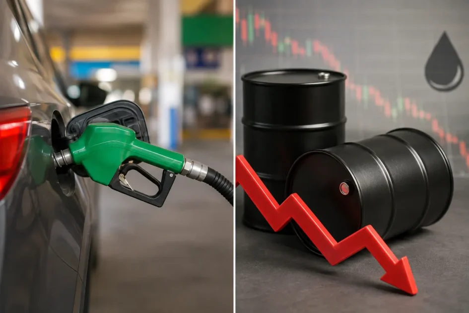 A breaking news visual banner showing petrol and diesel price reduction rates in Pakistan