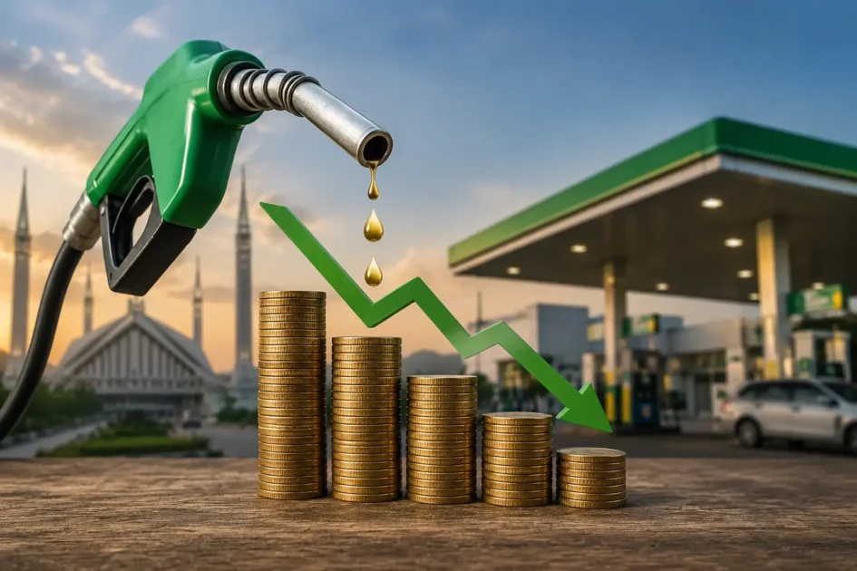 A news visual infographic displaying fuel price reduction details for the second consecutive day in Pakistan