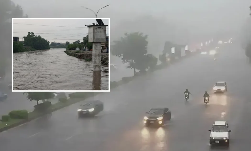 A sleek visual graphic depicting heavy rain clouds with water waves and a red danger siren representing monsoon urban flood alert without text