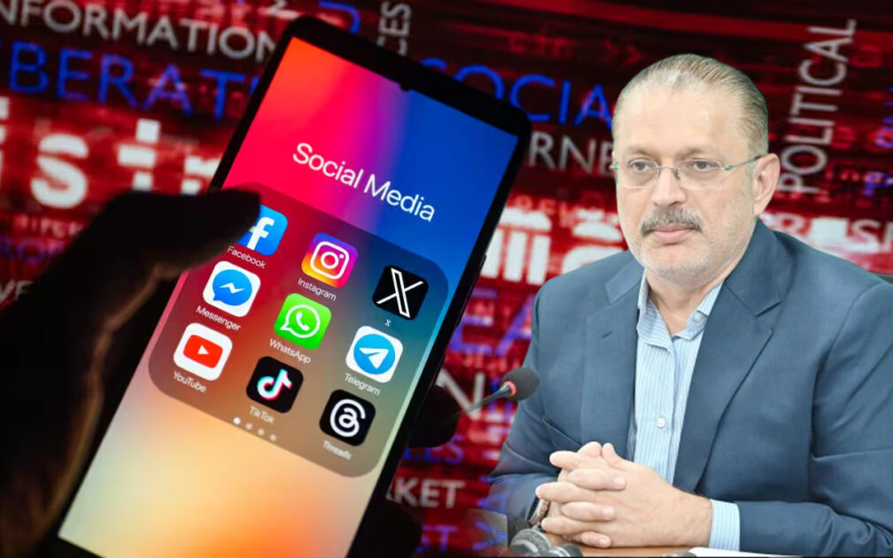 A sleek visual graphic depicting a magnifying glass auditing a social media profile node and evidence document representing cybercrime investigation without text