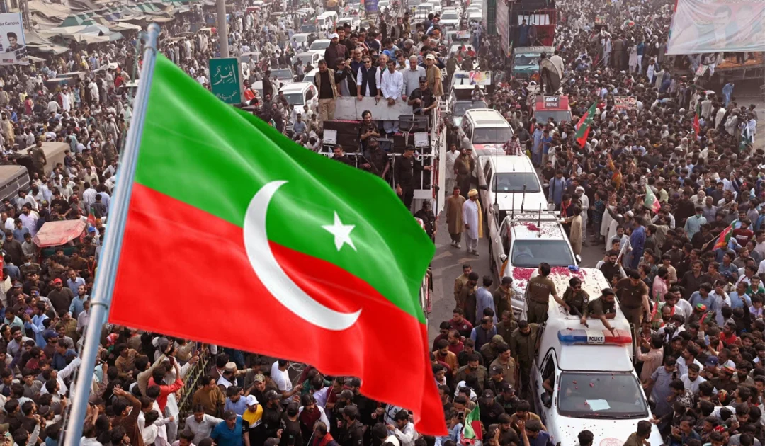 Pakistan Tehreek-e-Insaf workers waving party flags during a protest rally heading towards Islamabad